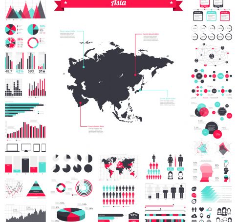 Map of Asia with a big set of infographic elements. This large selection of modern elements includes charts, pie charts, diagrams, demographic graph, people graph, datas, time lines, flowcharts, icons... (Colors used: red, green, turquoise blue, black). Vector Illustration (EPS10, well layered and grouped). Easy to edit, manipulate, resize or colorize. Please do not hesitate to contact me if you have any questions, or need to customise the illustration. http://www.istockphoto.com/portfolio/bgblue