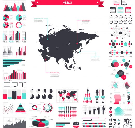 Map of Asia with a big set of infographic elements. This large selection of modern elements includes charts, pie charts, diagrams, demographic graph, people graph, datas, time lines, flowcharts, icons... (Colors used: red, green, turquoise blue, black). Vector Illustration (EPS10, well layered and grouped). Easy to edit, manipulate, resize or colorize. Please do not hesitate to contact me if you have any questions, or need to customise the illustration. http://www.istockphoto.com/portfolio/bgblue